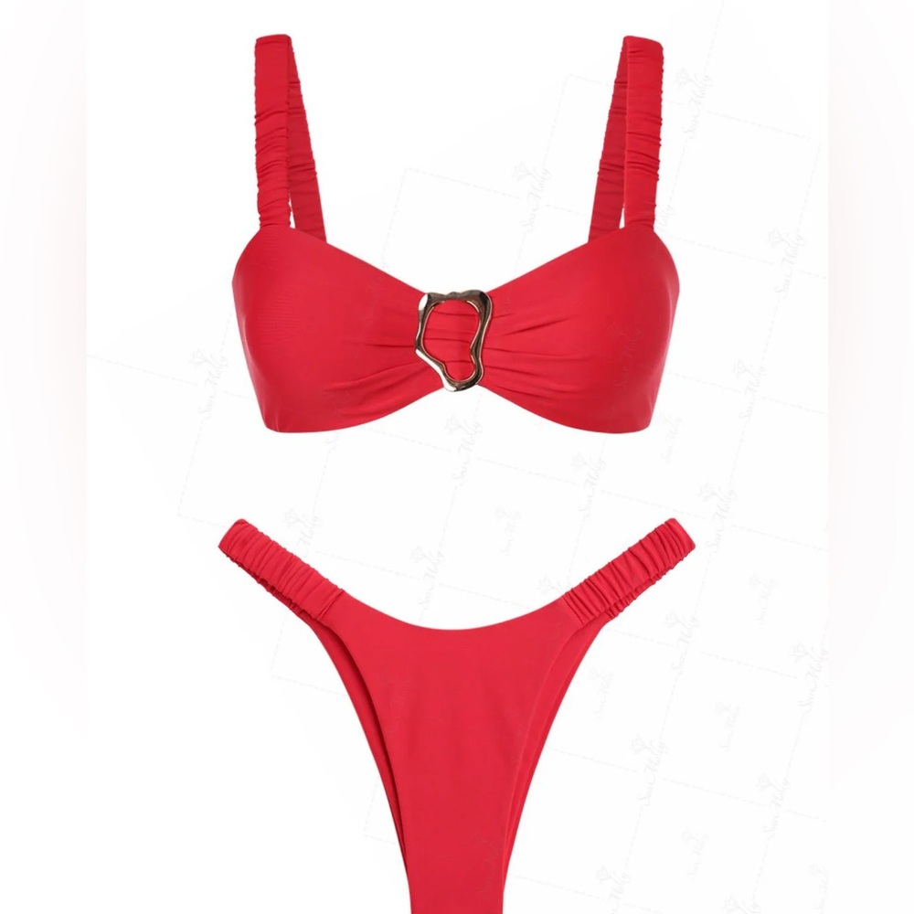 SEAMOLLY DECORATIVE RING ELASTIC STRAPS RUCHED HIGH LEG CHEEKY BIKINI SET